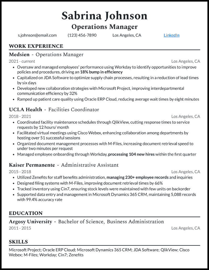 Operations manager resume example with 4+ years of experience