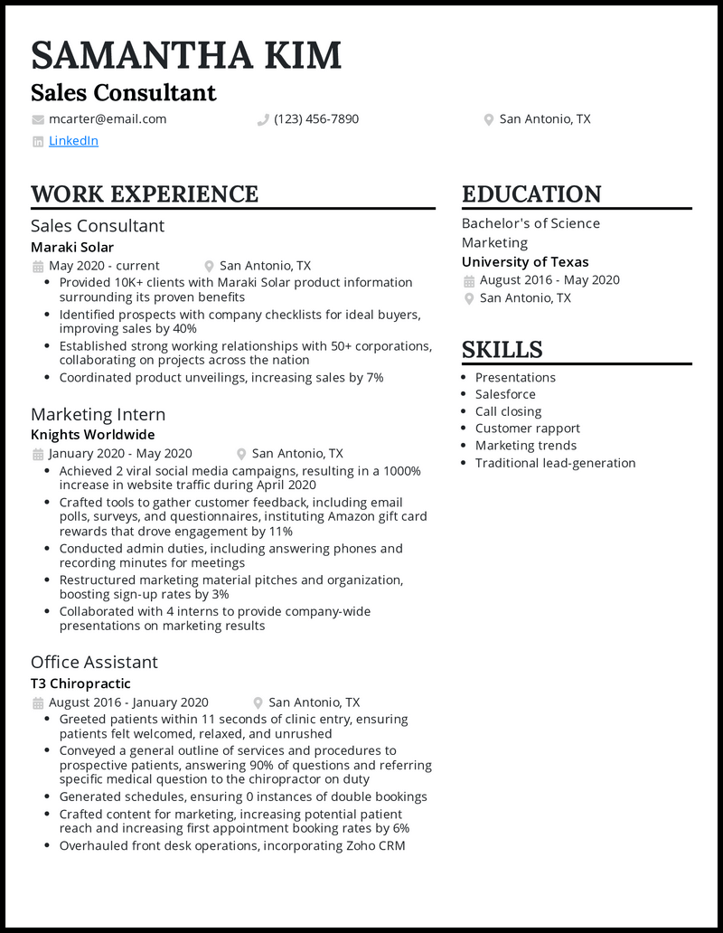 Sales consultant resume example with 2+ years of experience 