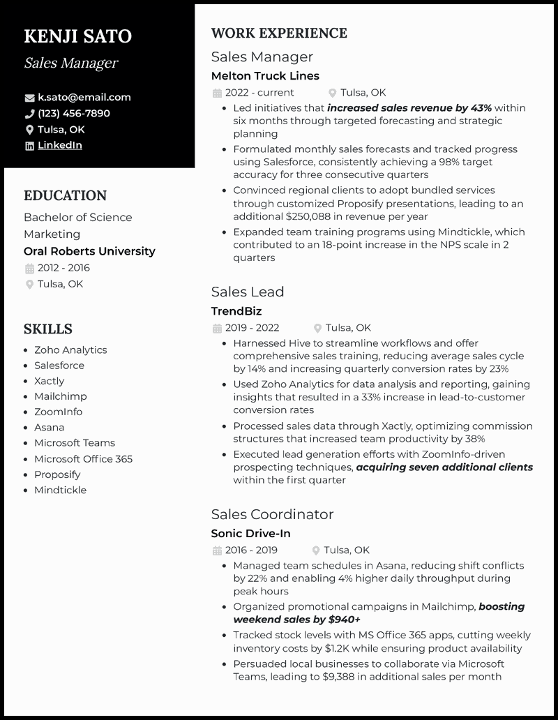 Sales manager resume example with 4+ years of experience