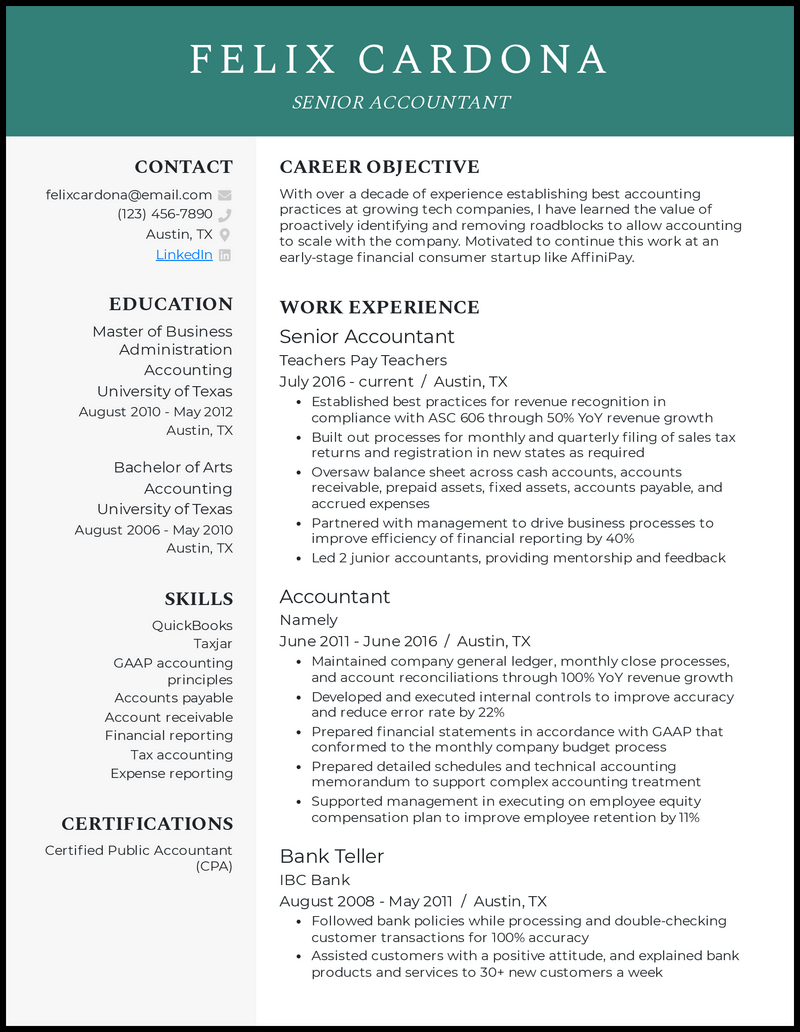 Senior accountant official resume example with 11+ years of experience 