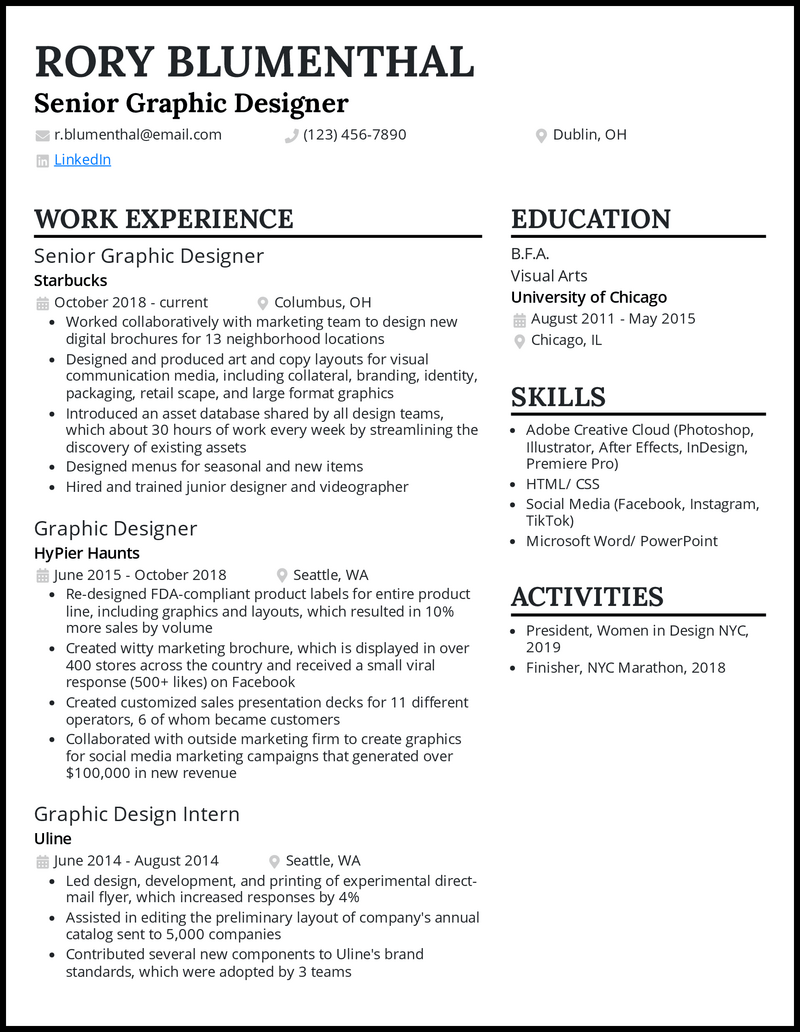 Senior graphic designer cover letter example with 4+ years of experience