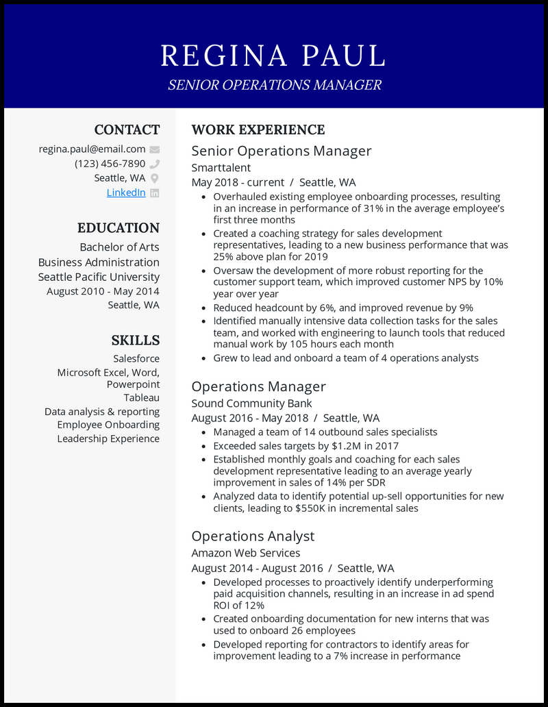 Senior operations manager resume example