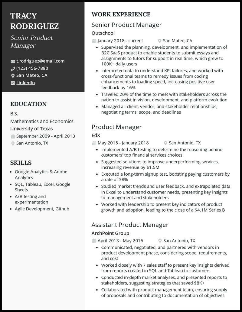 Senior product manager resume example