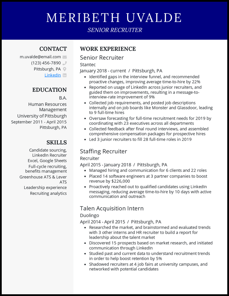 Senior recruiter resume example with 4+ years of experience 