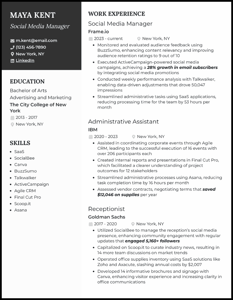 Social media manager resume example with 7 years experience 