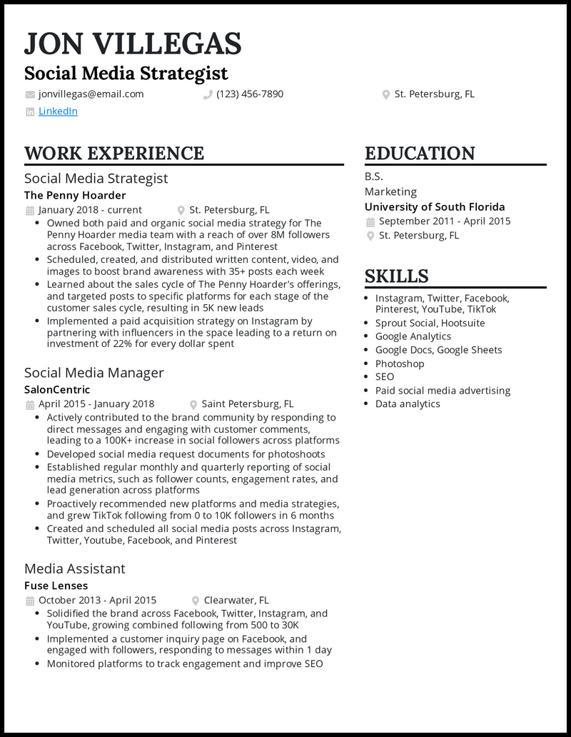 Social media strategist resume example with 4+ years of experience