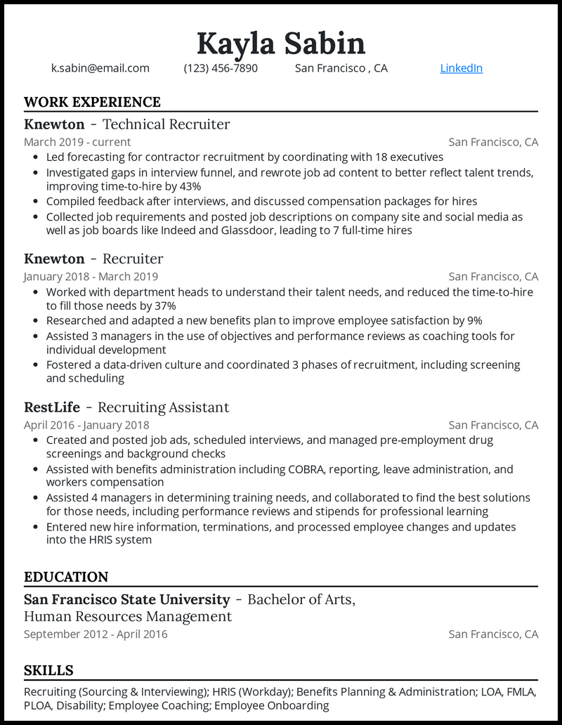 Technical recruiter resume example with 3+ years of experience 