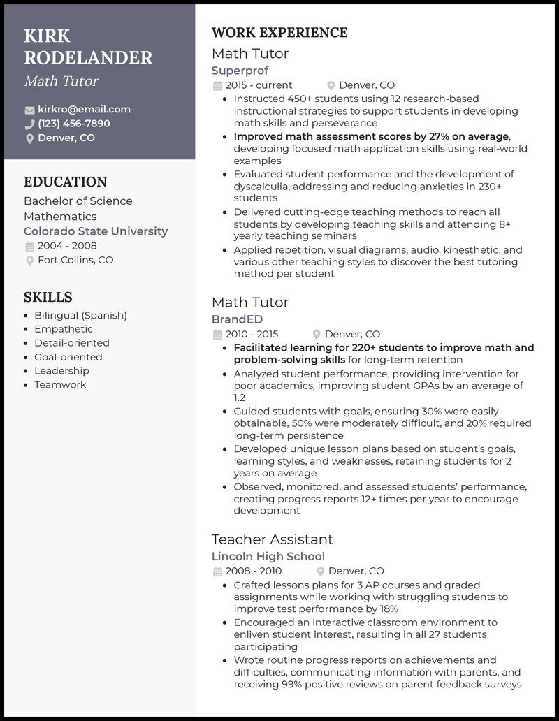 Math tutor resume example with 5+ years experience