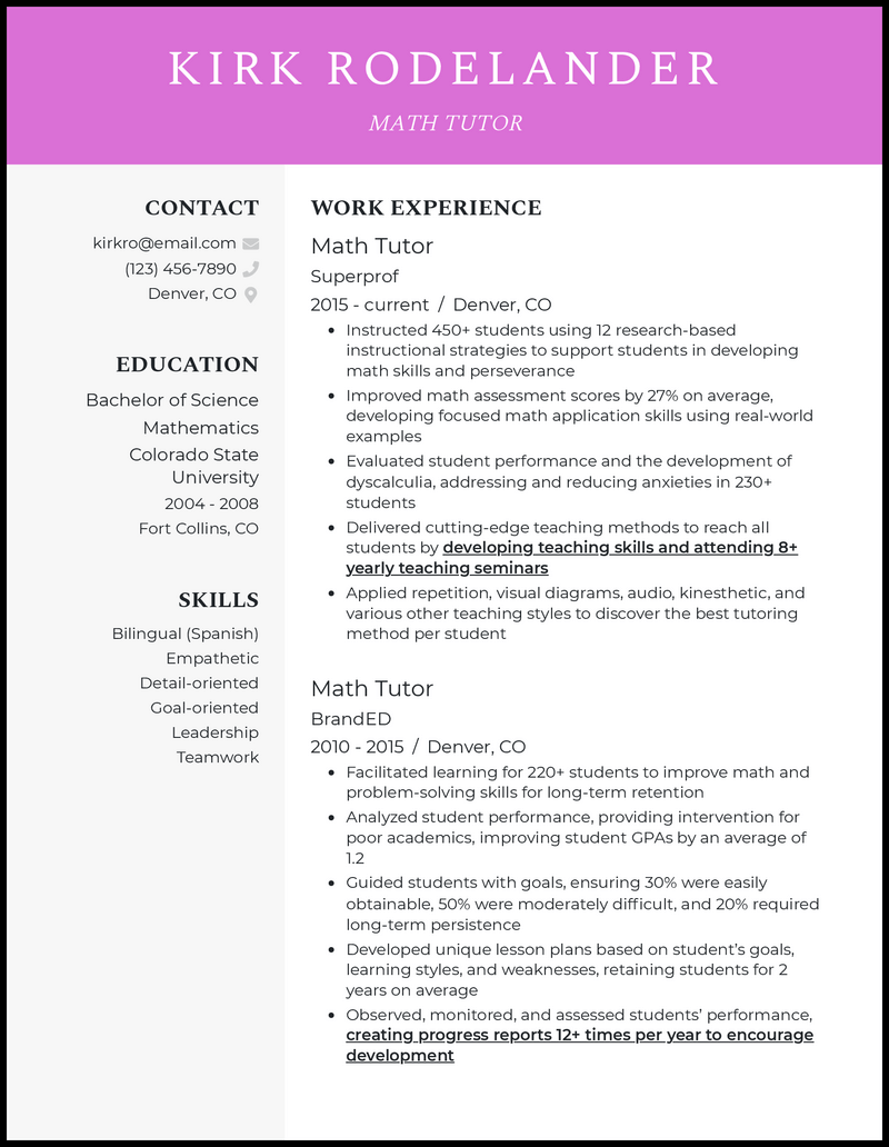 Professional math tutor resume example with 5+ years experience