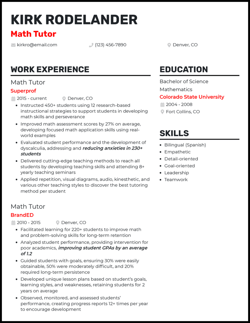 Modern math tutor resume example with 5+ years experience