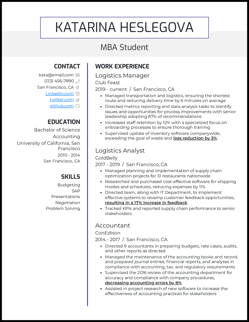 resume format for experienced mba professional