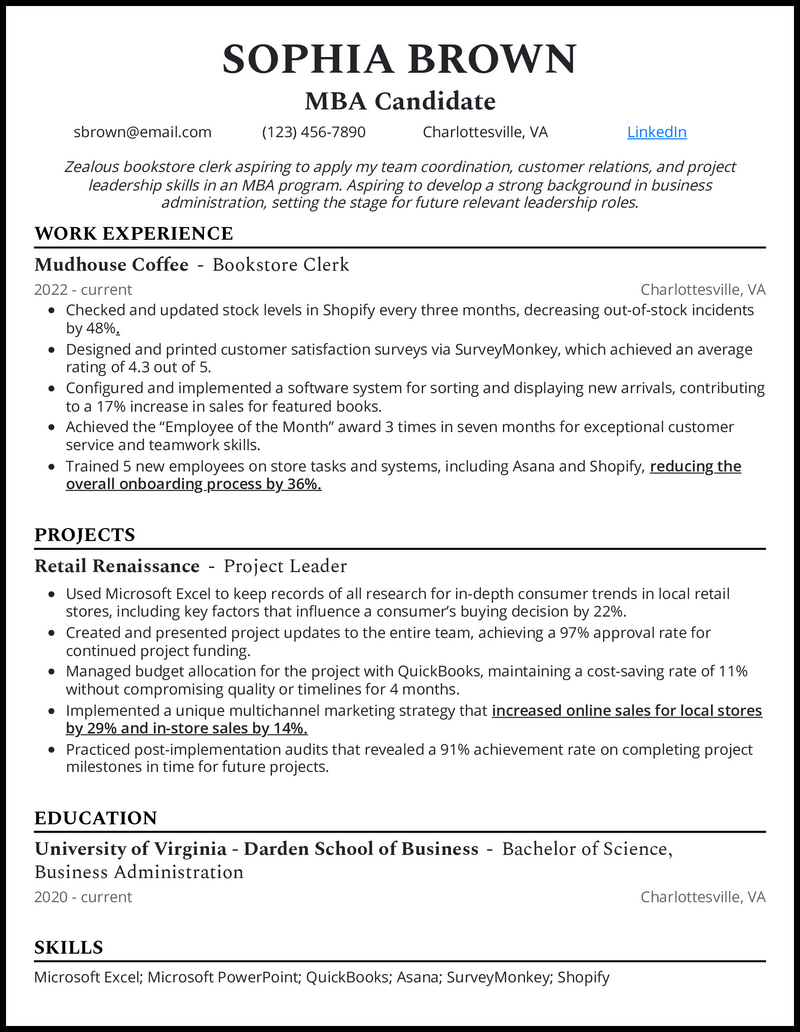 MBA candidate resume example with project experience