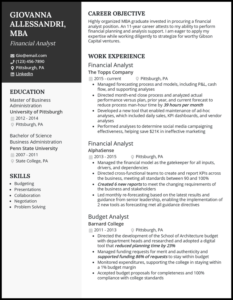 Mba graduate resume example with 4+ years experience