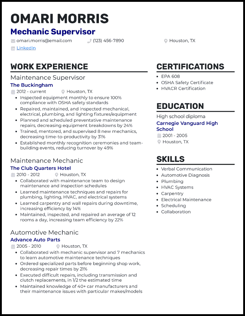 Mechanic supervisor resume example with 17 years of experience