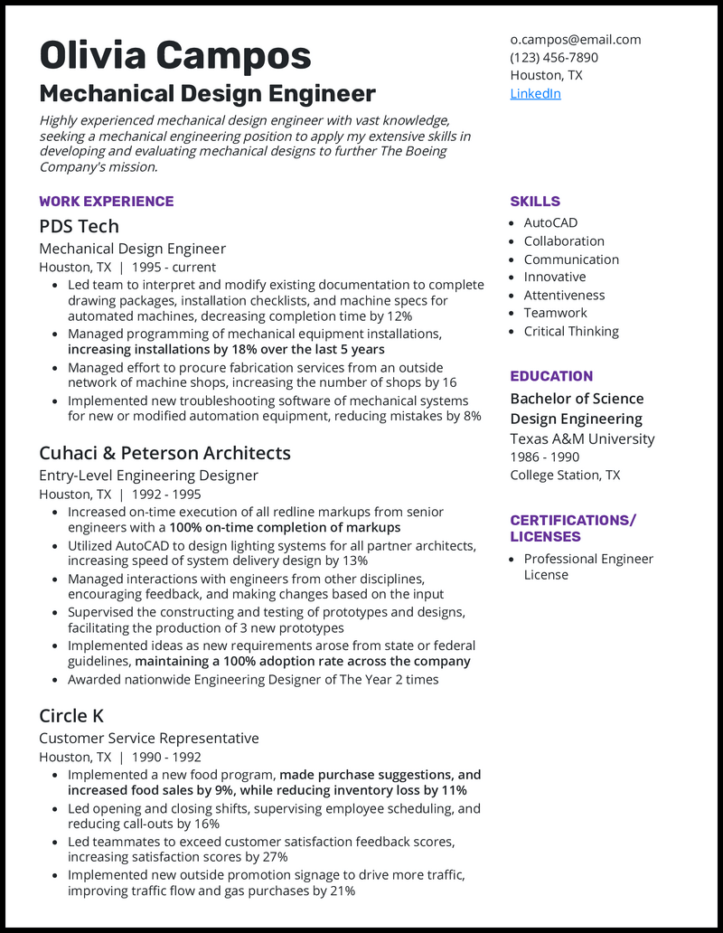 example resume mechanical engineer