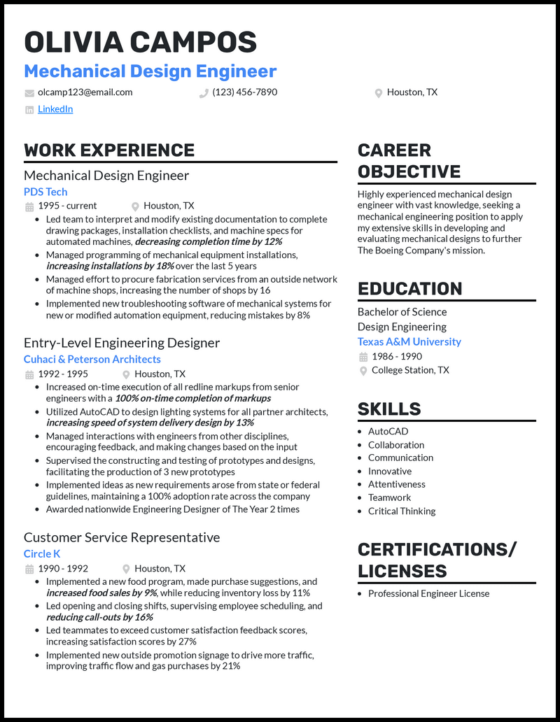 Mechanical design engineer resume example with 8+ years experience