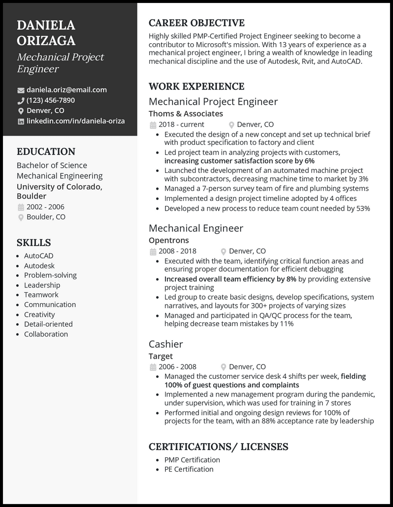 Mechanical project engineer resume example with 5+ years experience