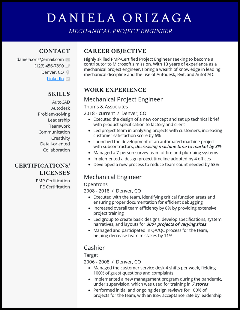 mechanical engineer project management resume