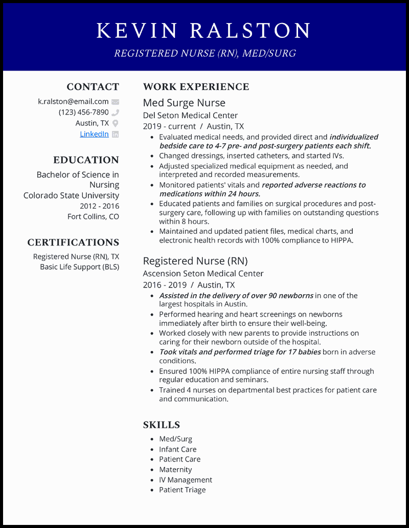 Med surg rn resume example with 7+ years experience