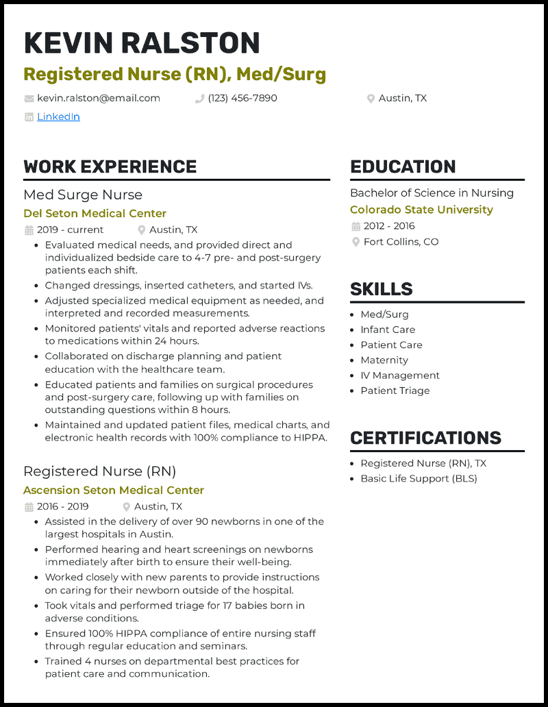 rn resume sample med surg