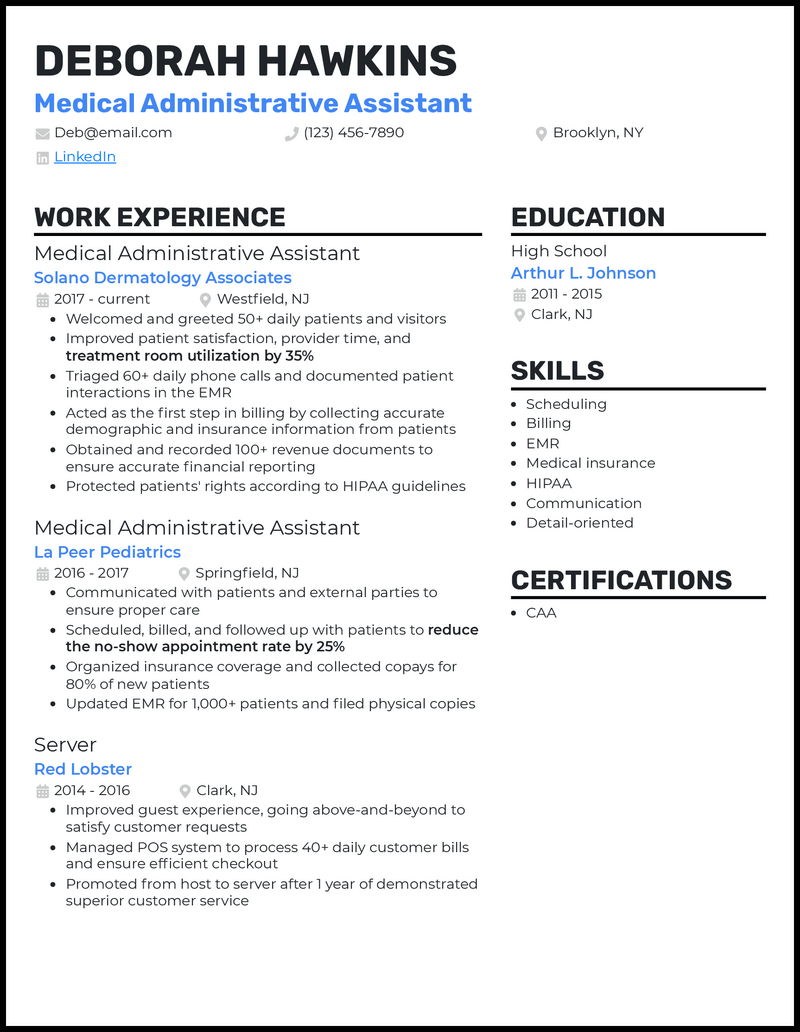 Clean medical administrative assistant resume example