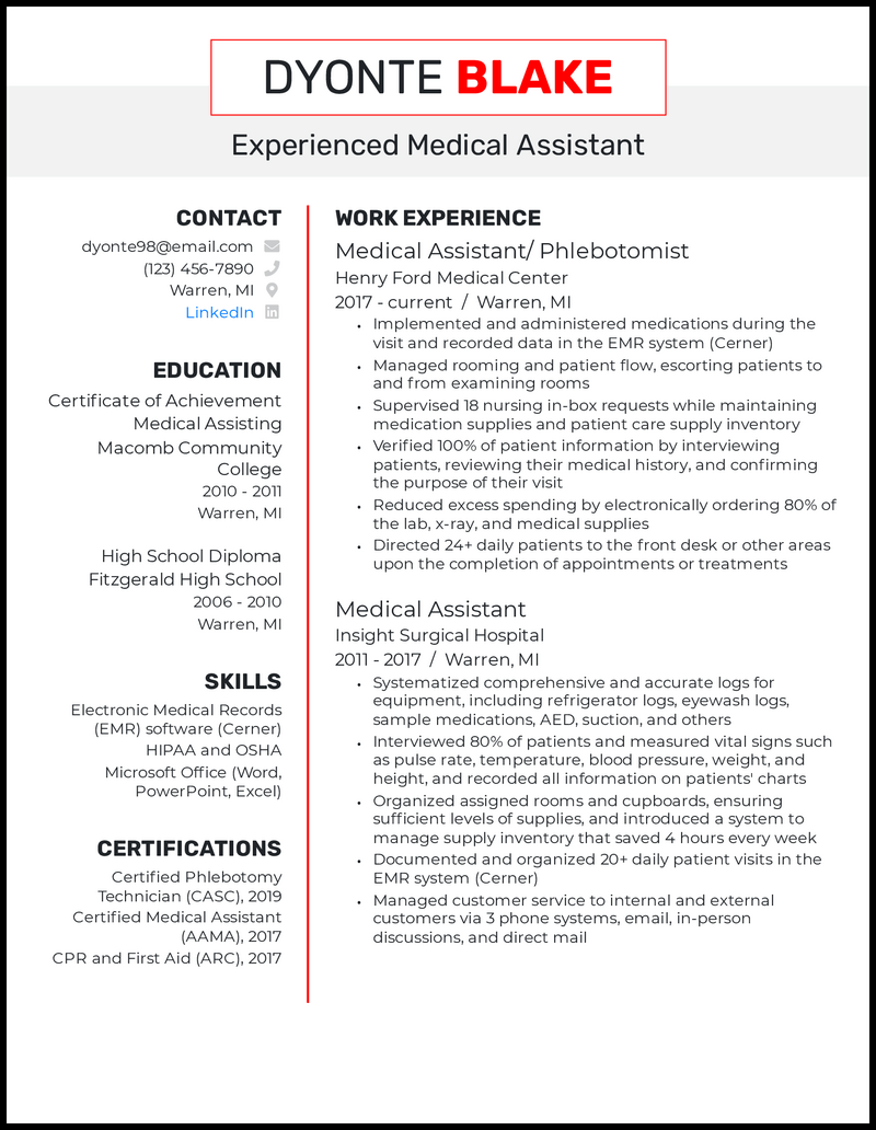 Experienced medical assistant resume example with 12 years of experience 