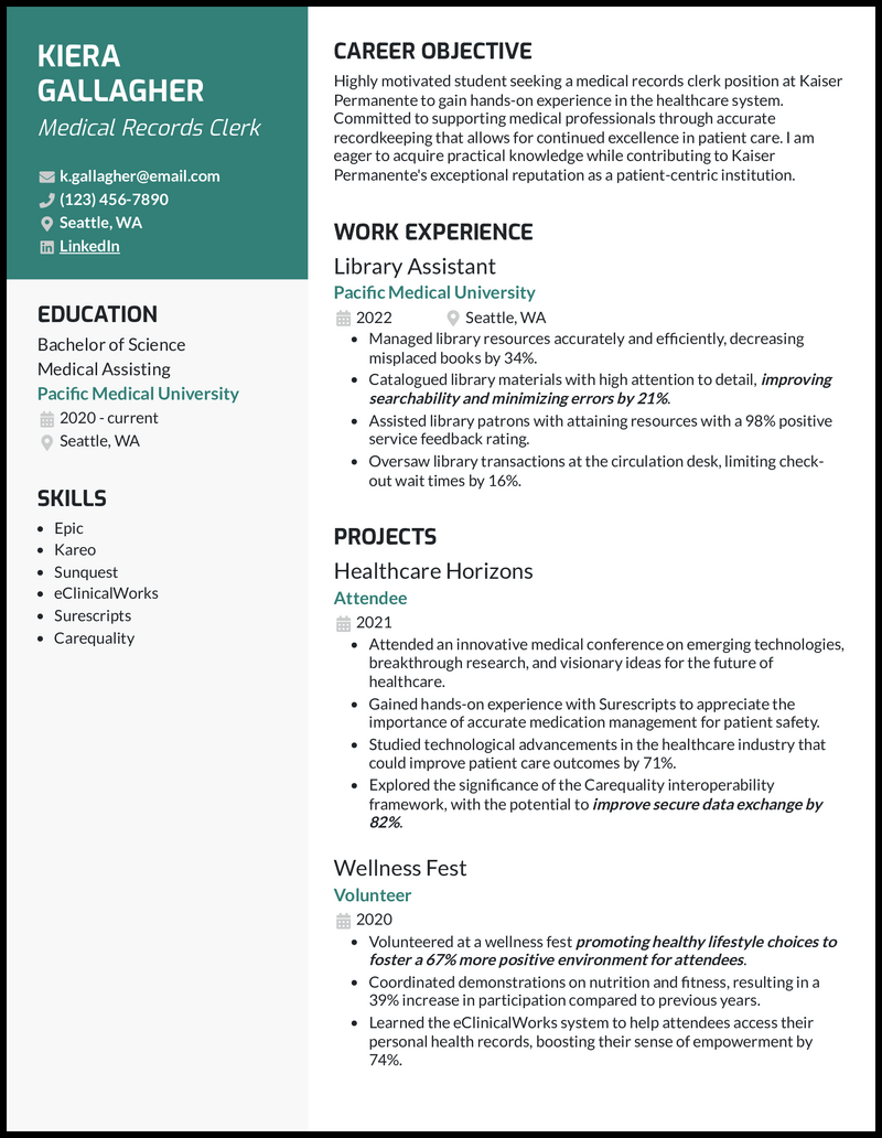 resume examples for medical job