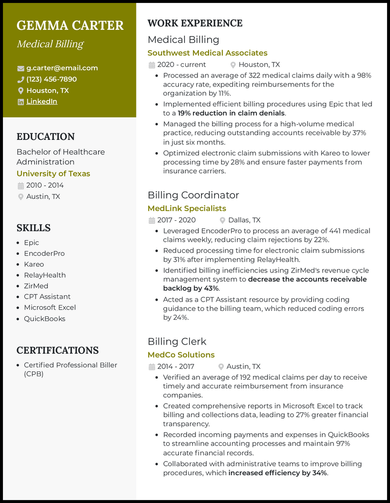 7 Medical Billing Resume Examples - Medical Billing Olive Resume Example 