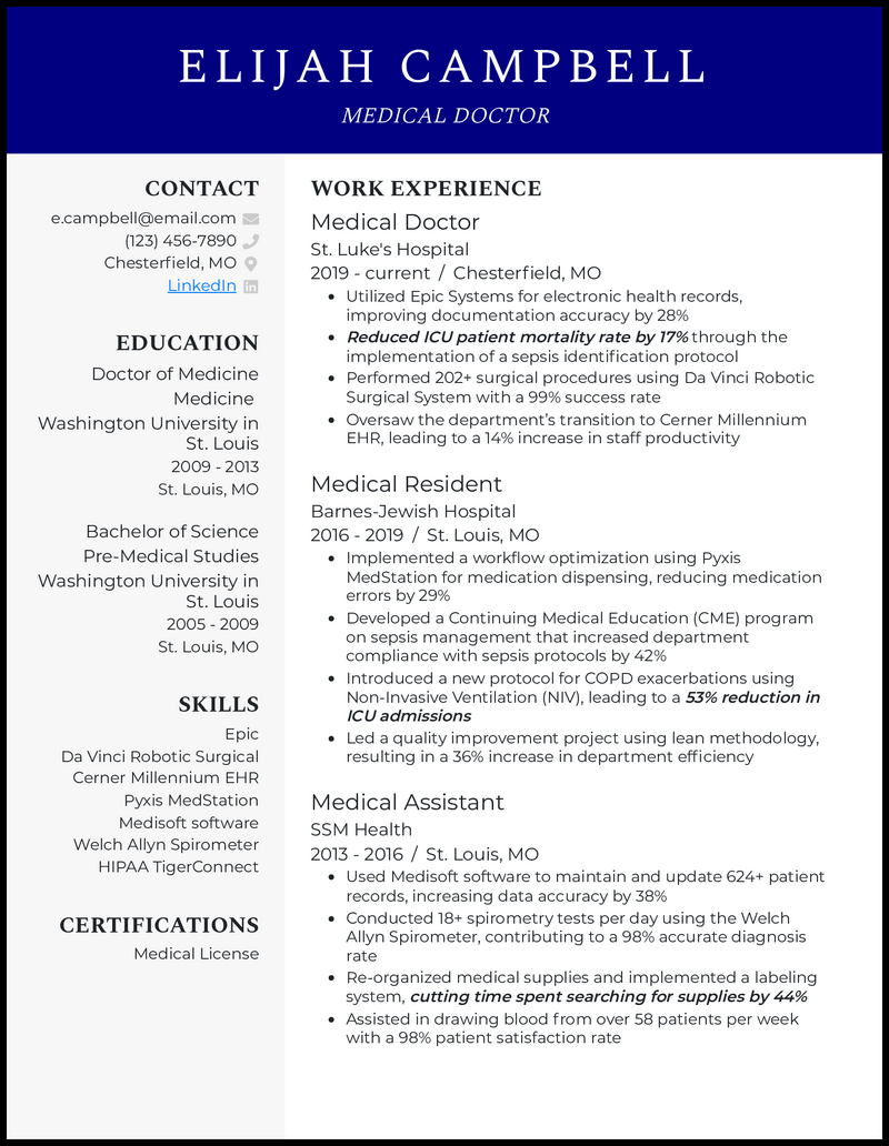 Medical doctor resume example with 10 years of experience