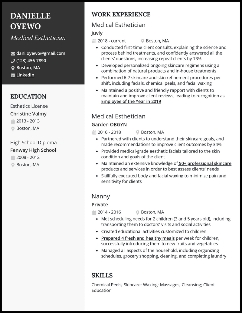 Elegant medical esthetician resume example with 5+ years experience