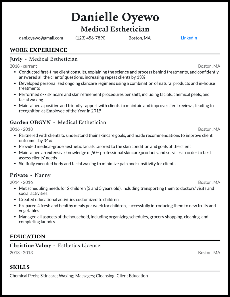 Clean medical esthetician resume example with 5+ years experience