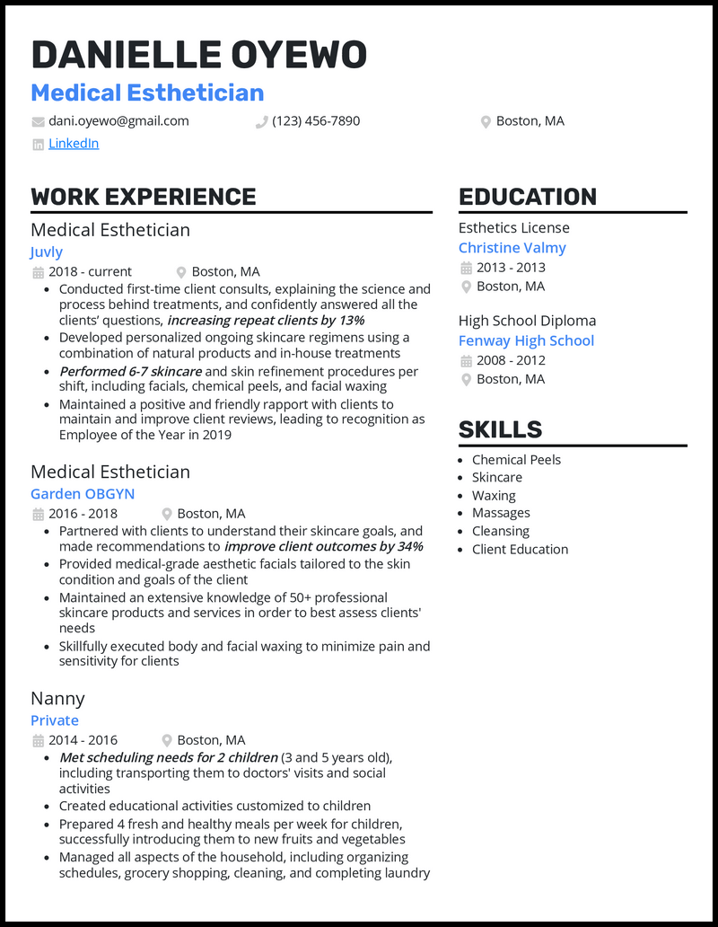 Medical esthetician resume example with 5+ years experience