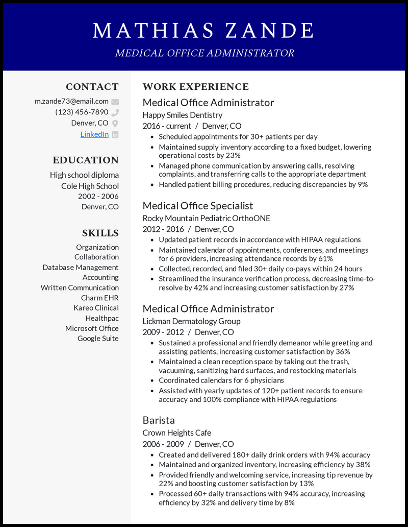 Medical office administrator resume example with 13 years of experience