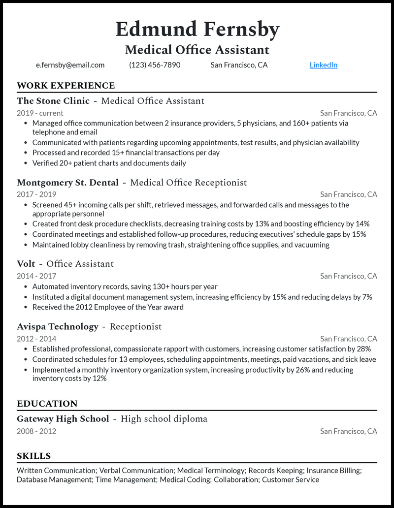 Modern medical office assistant resume example with 4 years experience