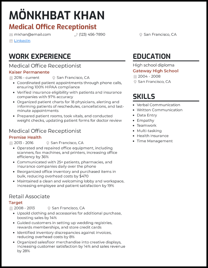 Medical office receptionist resume example with 9 years of experience