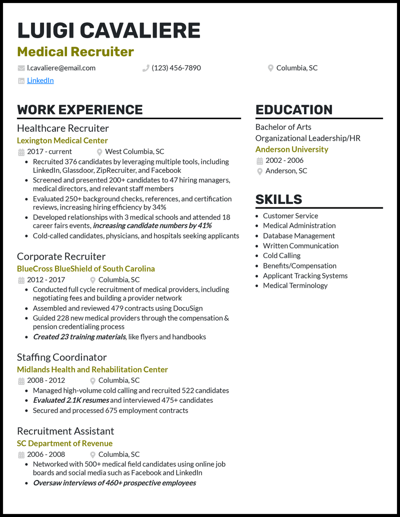 Formal medical recruiter resume example