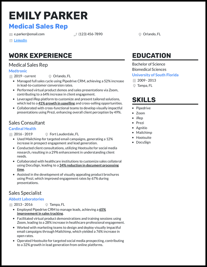 Medical sales rep resume example with 10 years of experience