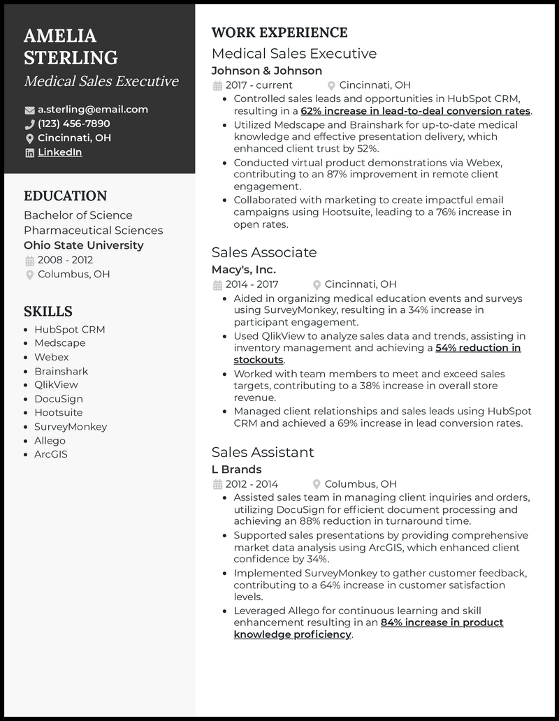 Medical sales resume example with 5 years experience