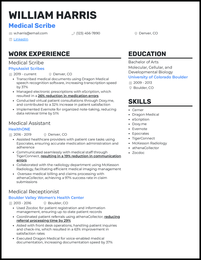 Medical scribe resume example with 10 years of experience