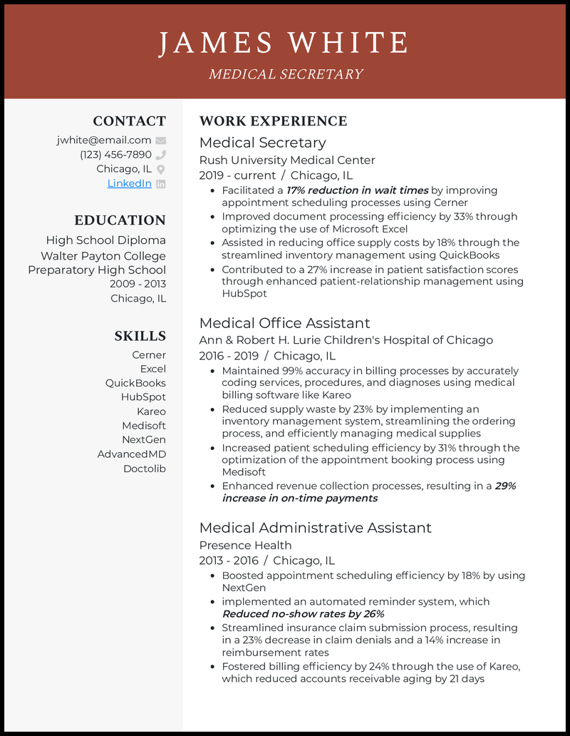 15 Secretary Resume Examples amp - Medical Secretary Red Brown Resume Example 