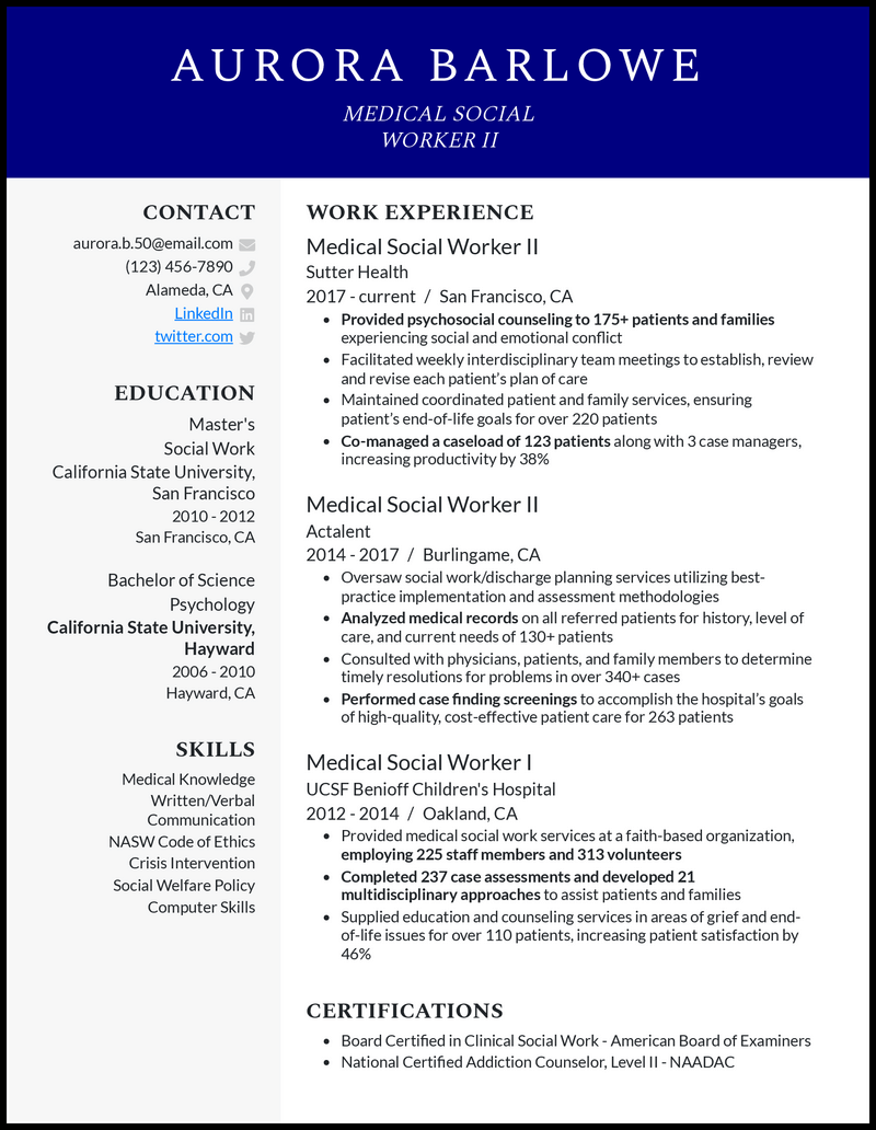 Medical social worker resume example with 4+ years experience