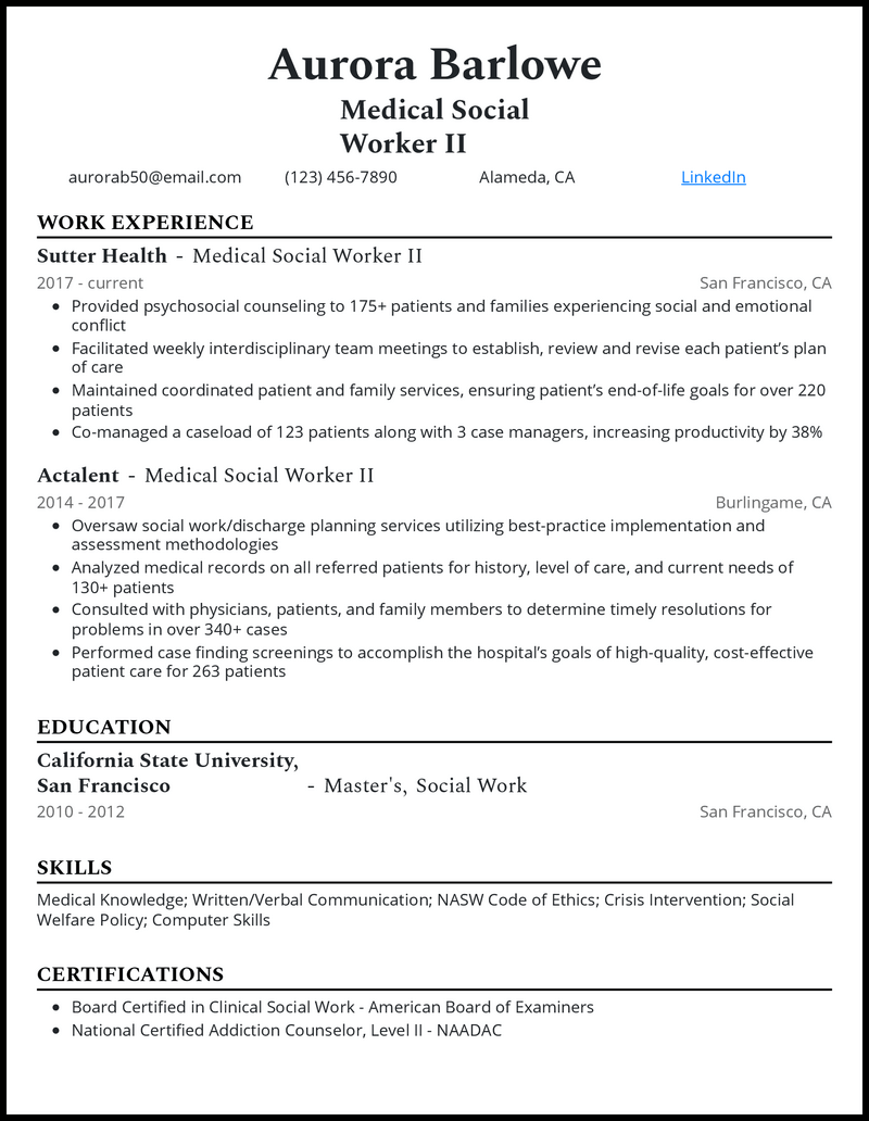 Modern medical social worker resume example