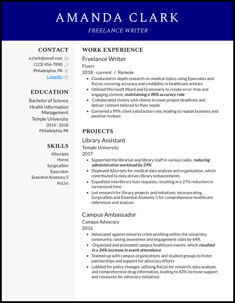 Medical student resume example with advocacy project experience