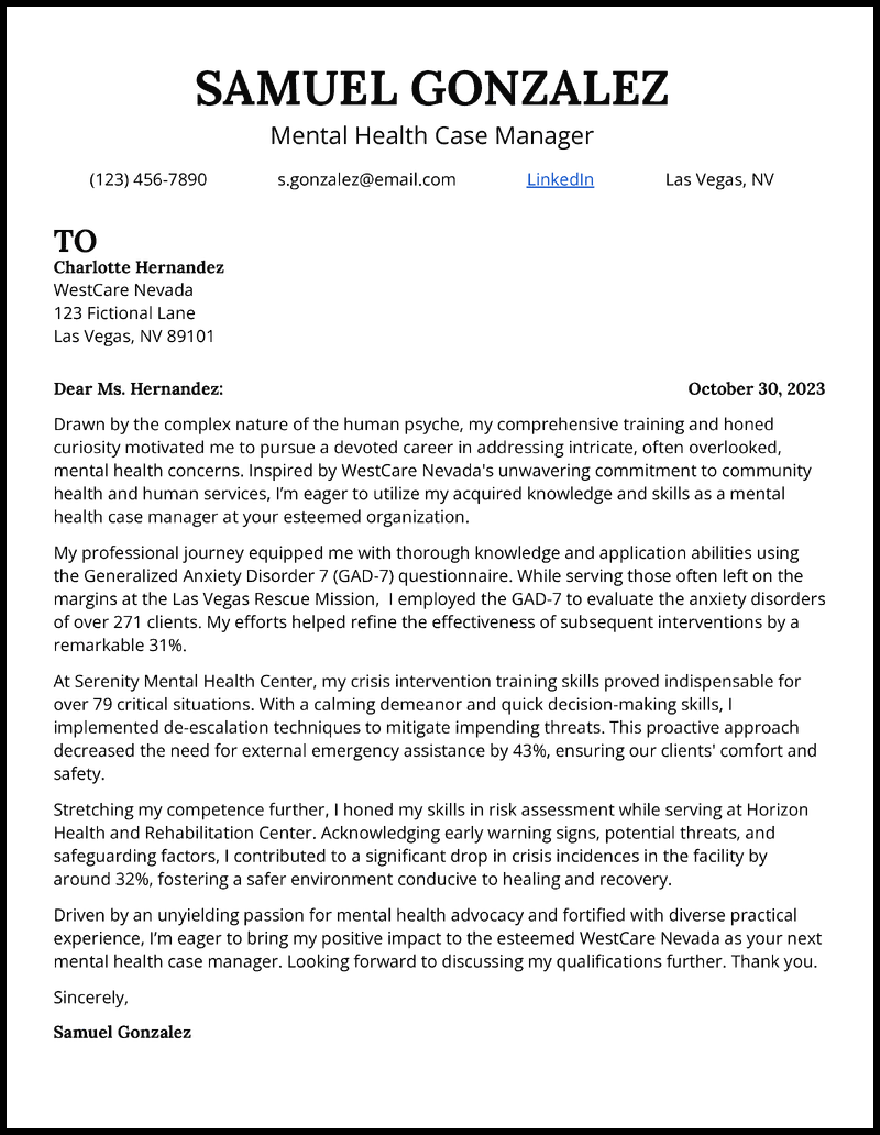 Mental health case manager cover letter example