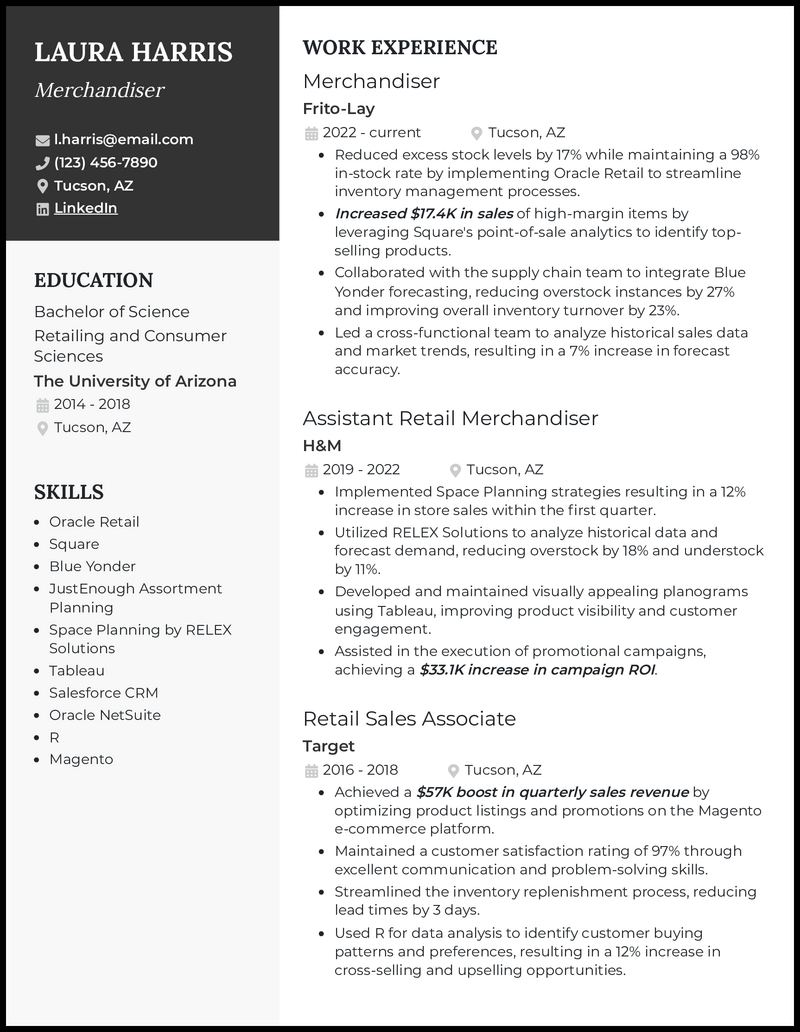 Merchandiser resume example with 7 years of experience