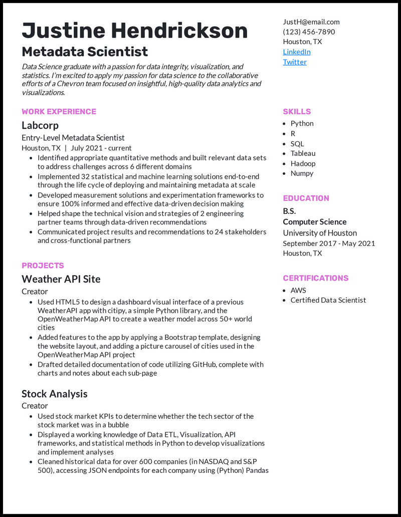 Metadata scientist resume example with 2+ years of experience