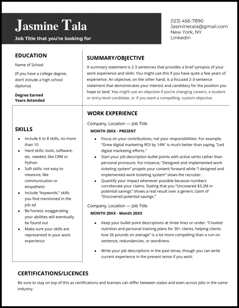 Minimalist Word resume template with thin black lines