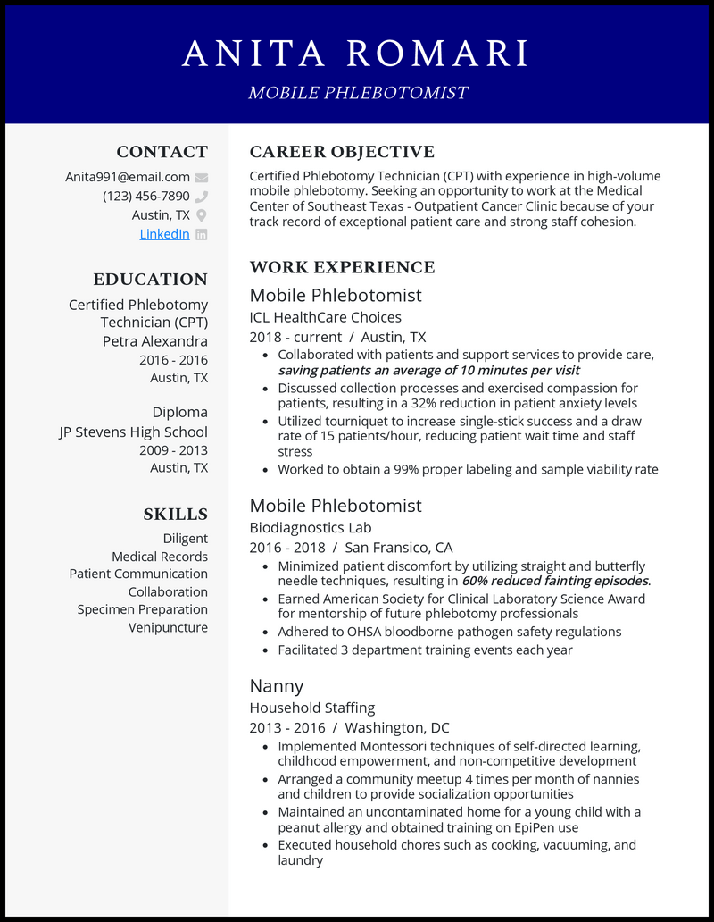 Formal mobile phlebotomist resume example with 6+ years experience