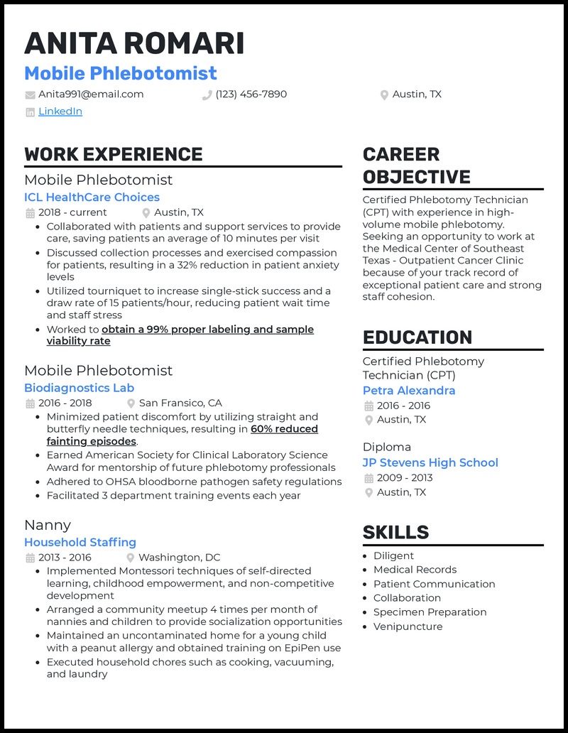 Elegant mobile phlebotomist resume example with 6+ years experience