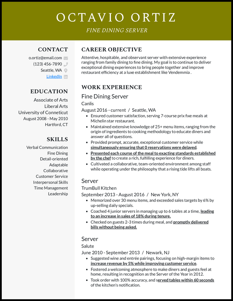 7 Fine Dining Server Resume Examples - Modern Fine Dining Server Olive Resume Example 